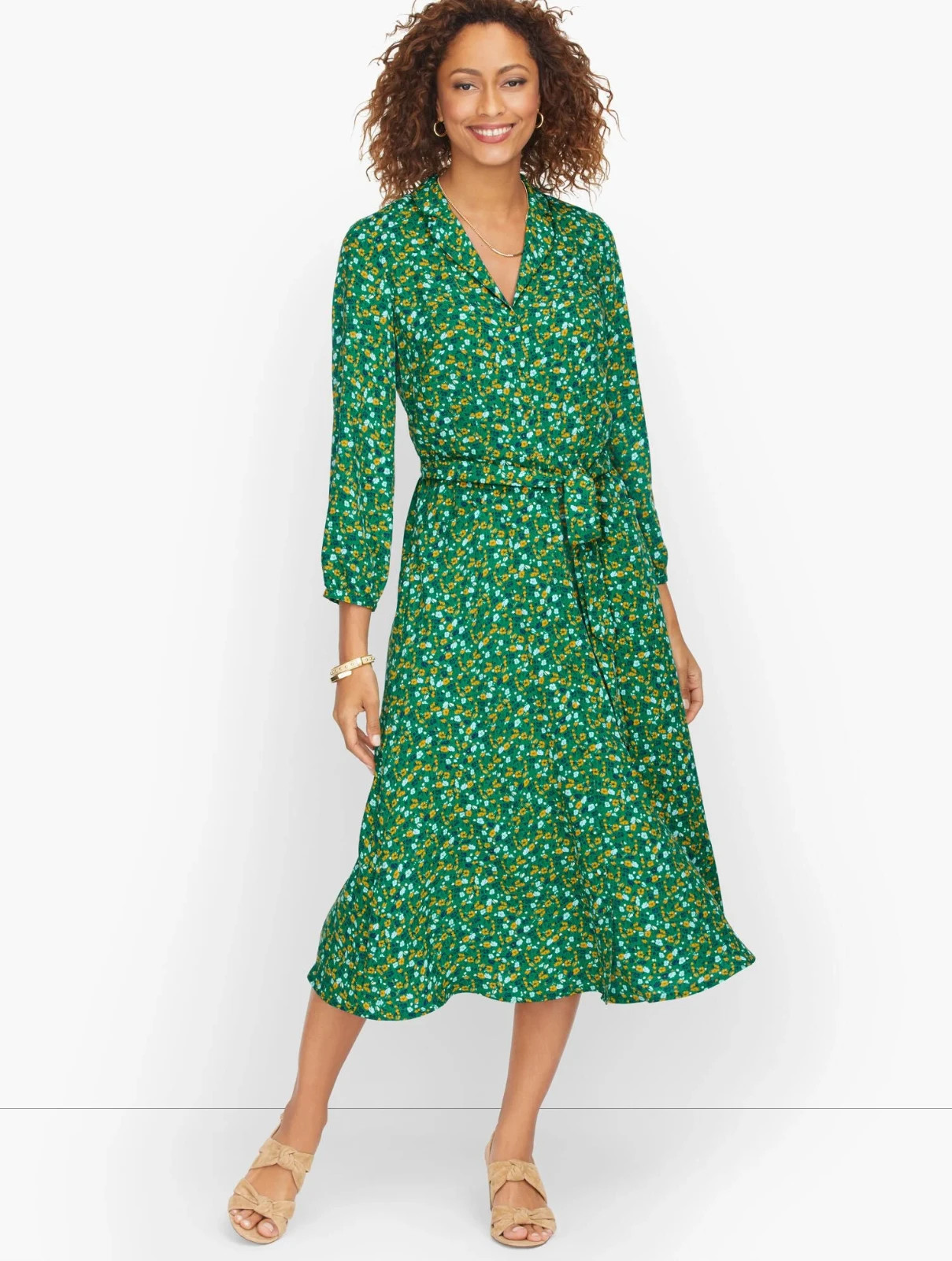 Talbots Shirt Dress Green Yellow Belted Pockets Ditsy Floral Midi Cottagecore 6