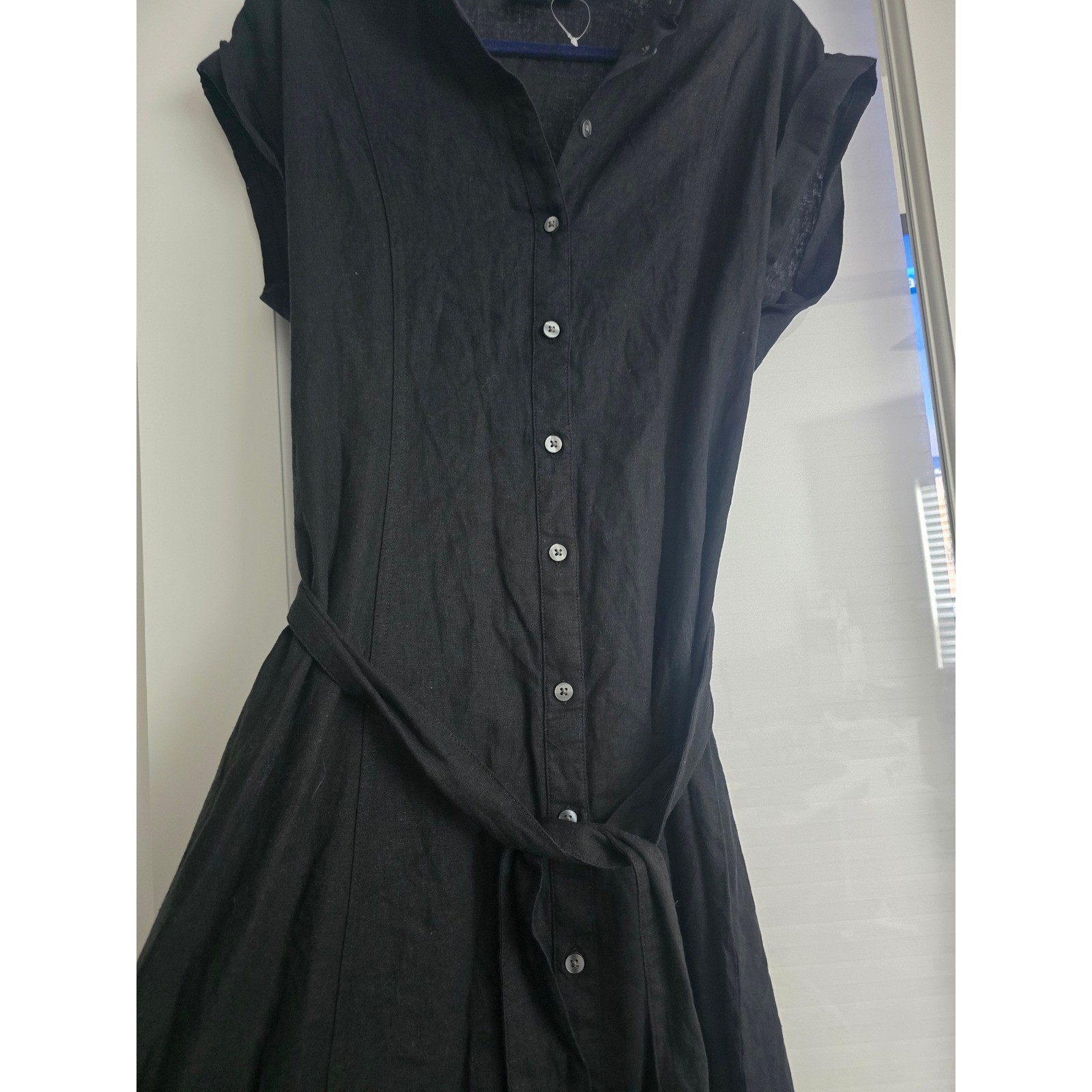 Gap Womens Black Linen Blend Button Down Midi Shirt Dress Tie Waist Medium