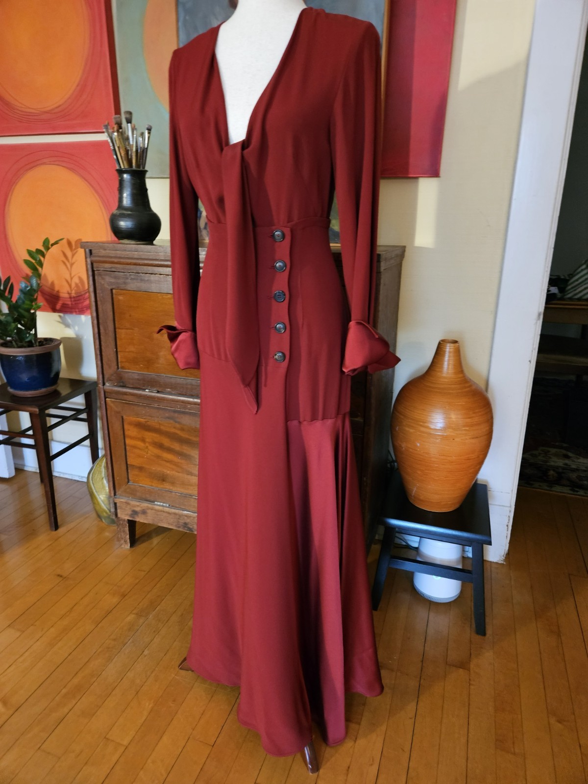 Sportmax Edwardian Downton Abbey Dark Red Maxi Crepe & Satin Size 0/2 Wedding