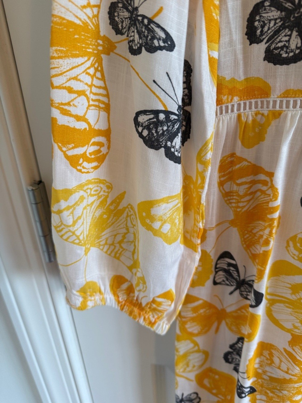 Sweet Magnolia Yellow & White Butterfly Print Tiered Midi Boho Dress Large