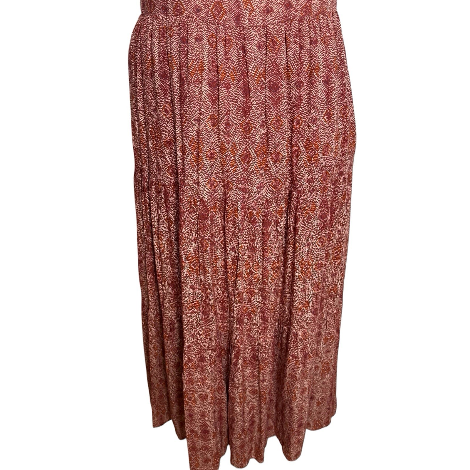Sweet Magnolia Boho Midi Dress Medium Rust Geometric Tiered Flutter Sleeve
