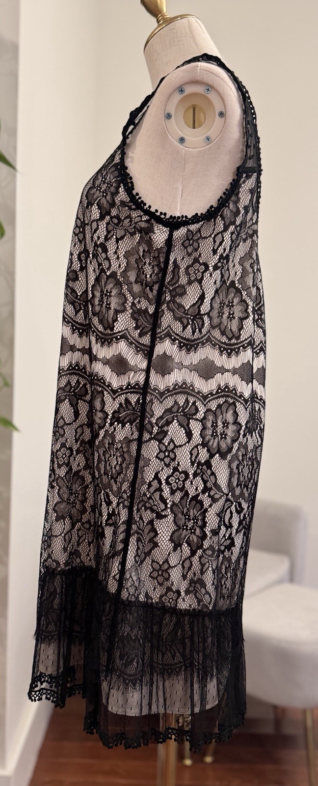 Sz M Black & Nude Lace Chiffon Gauze Gothic Mini Dress Tafetta Babydoll Sundress