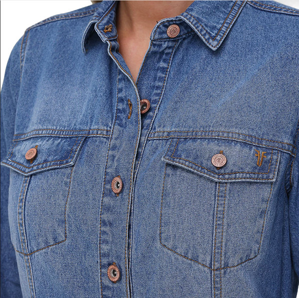 FRYE Denim Mini Dress Size {Large} Long Sleeve/ Pockets/Collar