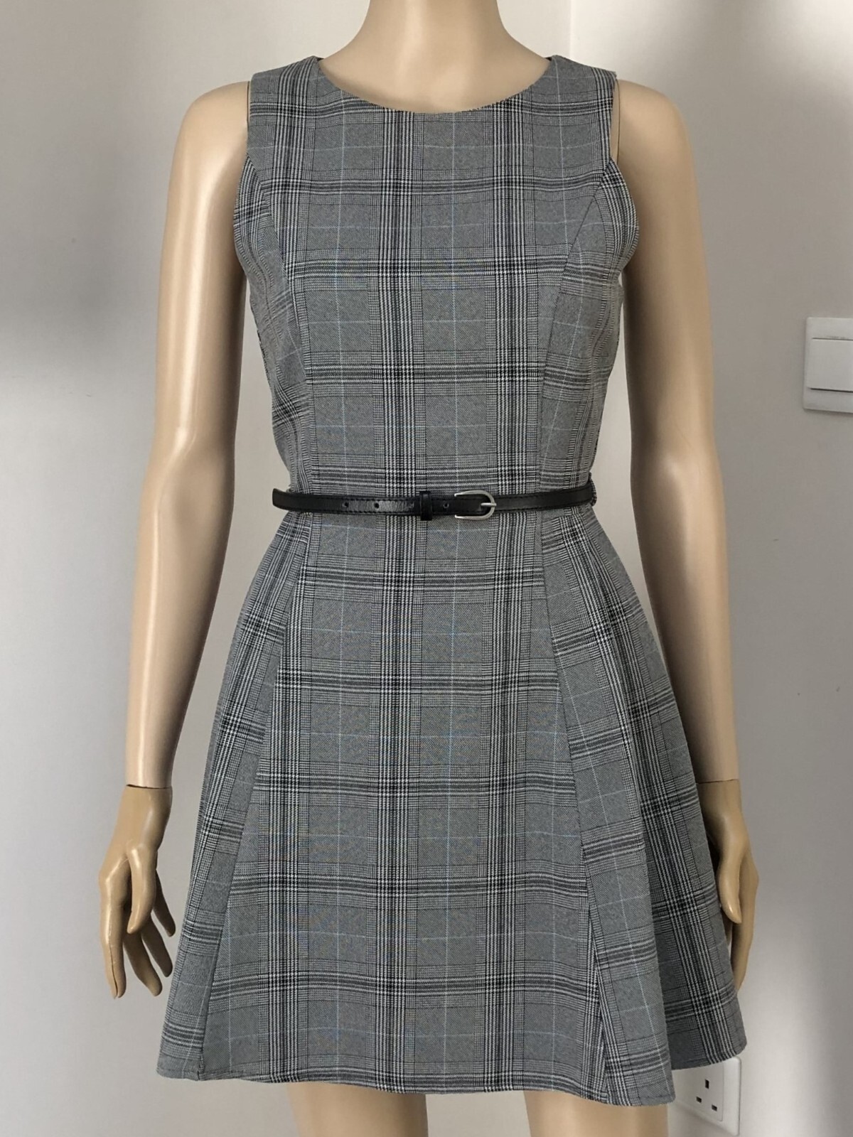 LOVE LABEL Light Grey Tartan Sleeveless Belted Skater City Dress S/M 6-8