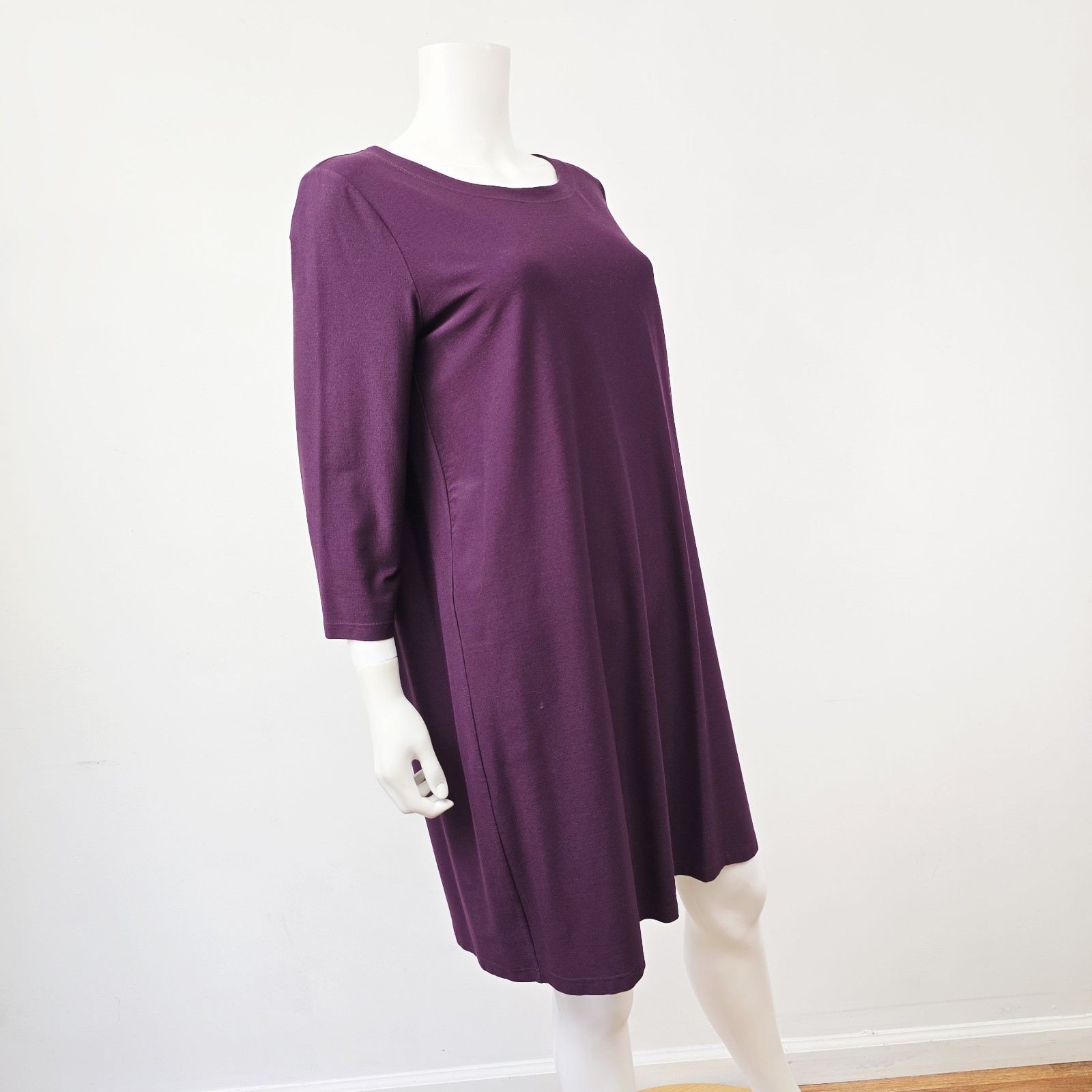 Eileen Fisher Shift Dress Size M Crepe Eggplant Purple 3/4 Sleeve Layering USA