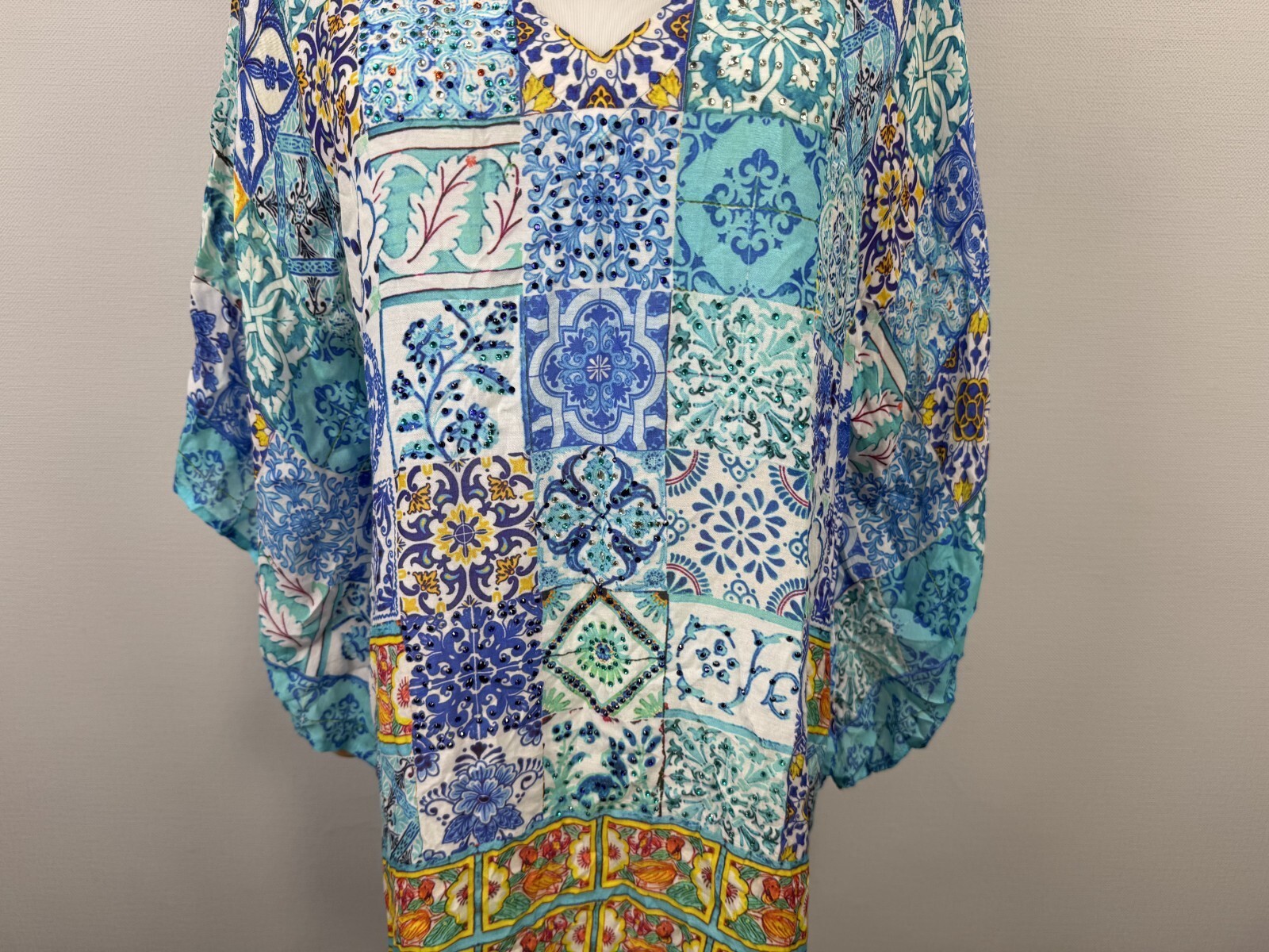 RUBY YAYA Multicolor Print Beaded Comfort Lightweight V-Neck Dress Sz S