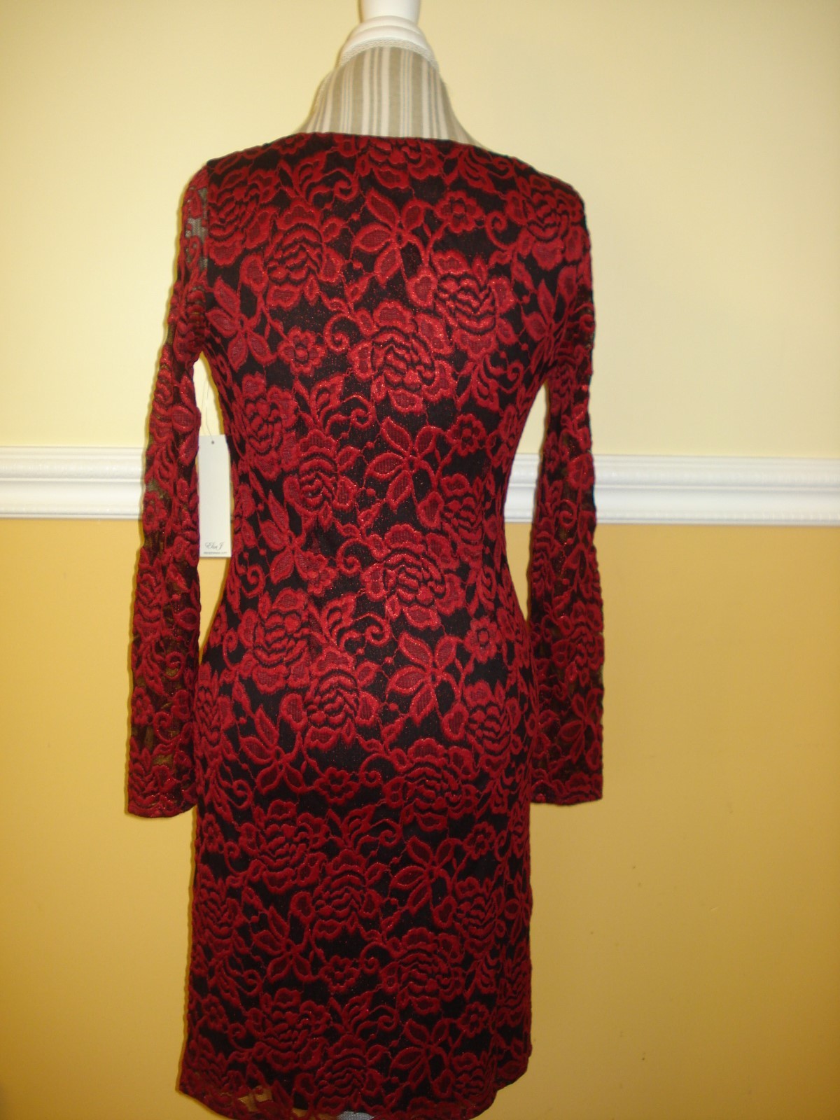 Eliza J Lace Long Sleeves Red/Black Cocktail Sheath Dress Sz 4,6,8,10,12,14,16