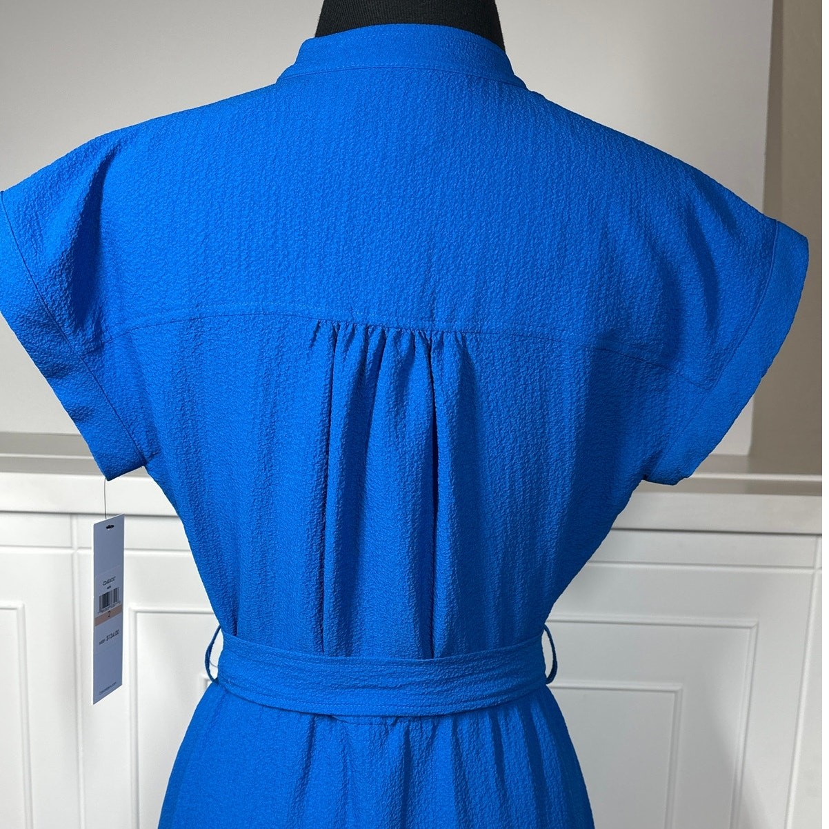 Calvin Klein Midi Button Front Dress Self Tie Textured Blue Sz 2 Office Career