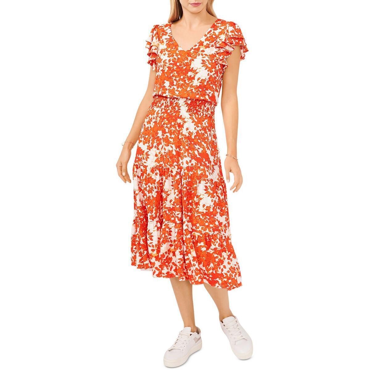 Vince Camuto Women’s Blaze Orange Floral Midi Fit & Flare Dress Size XS
