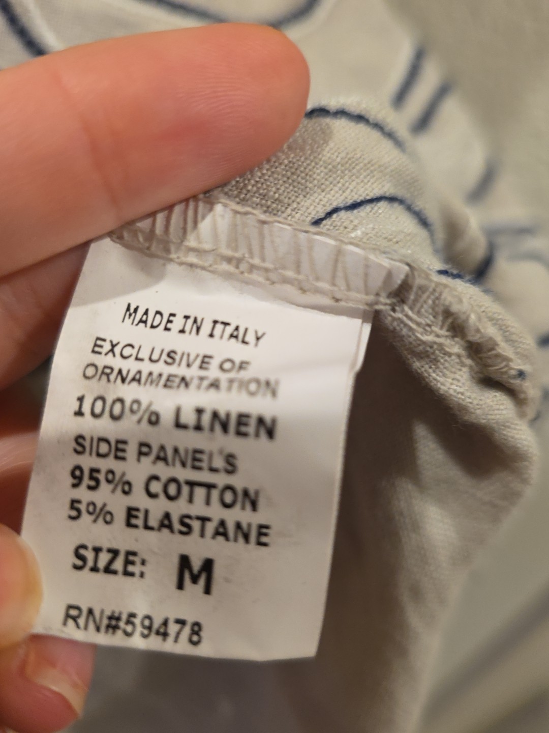 Lina Tomei Tan Navy Embroidered 100%Linen Dress Euro Summer Stretch Panels sz M
