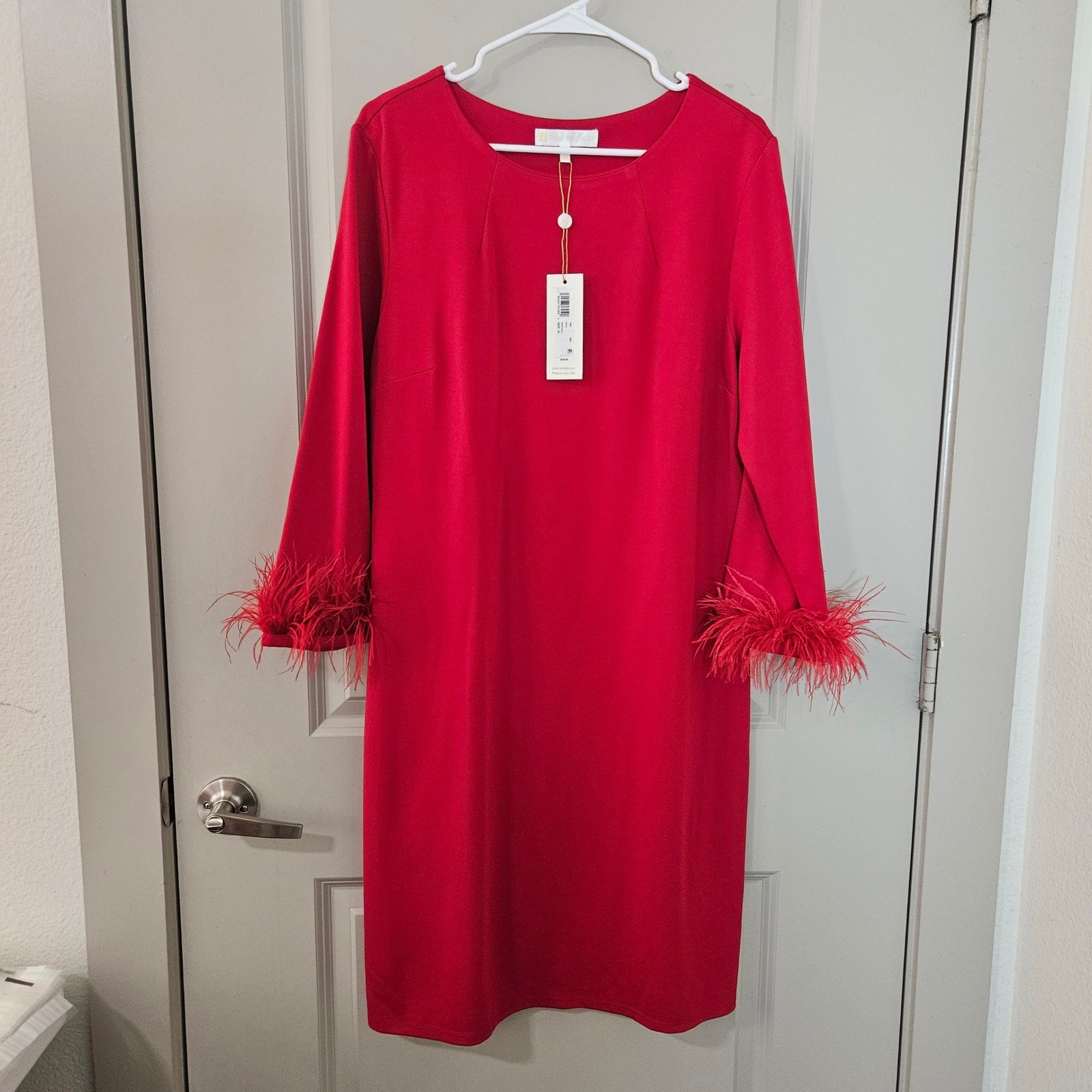 Jude Connally Franca Red Feather Cuff Dress Womens XL Long Sleeve Holiday NEW