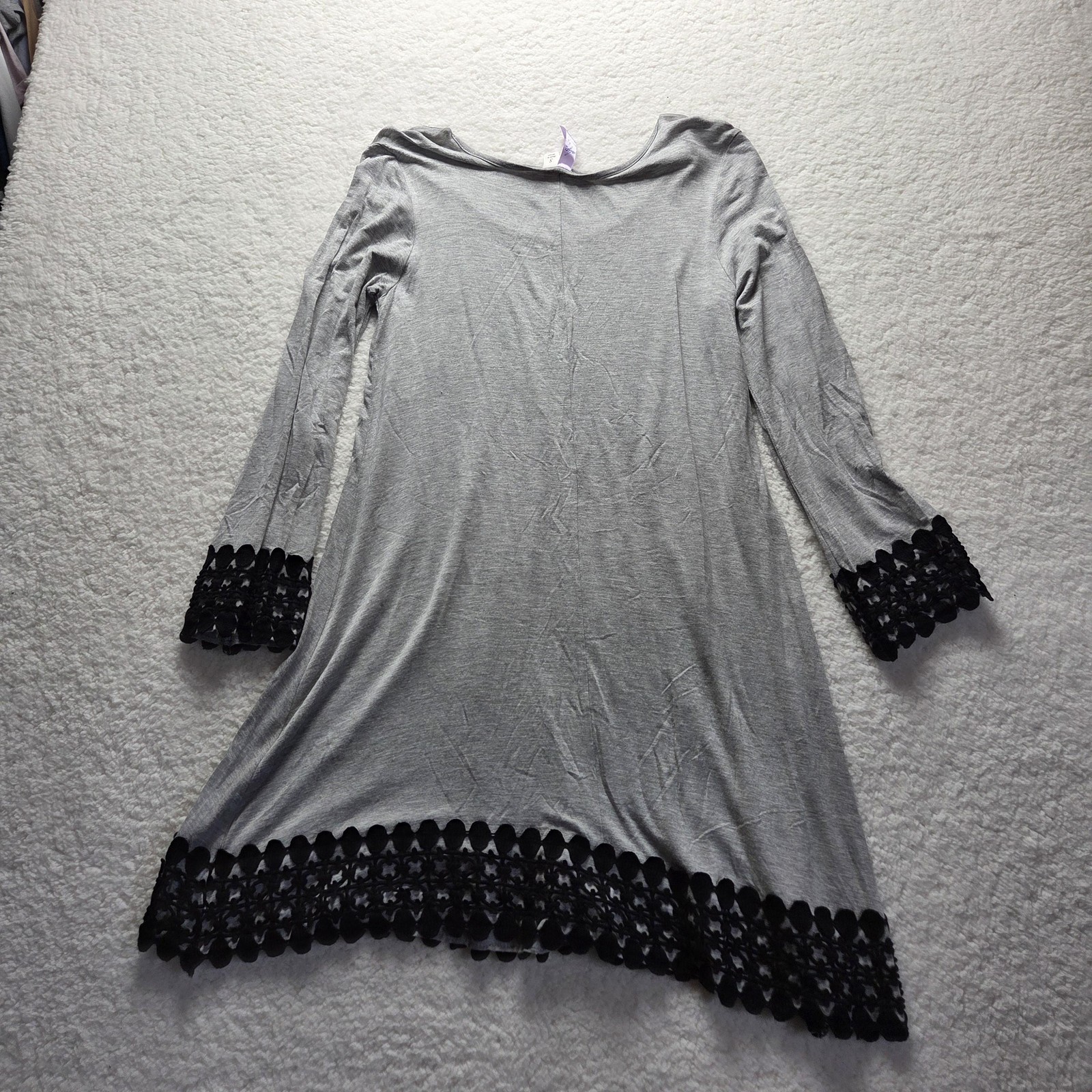 Alya Dress Womens Small Gray Solid Long Sleeve Scoop Neck Crochet Hem Swing