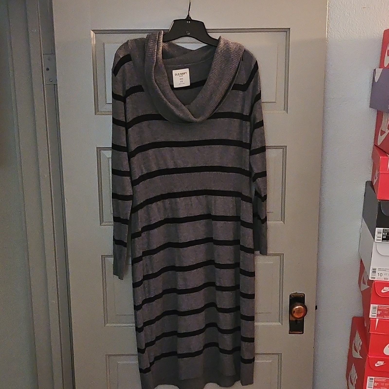 Old Navy Gray Black Striped Cowl Neck Long Sleeve Knit Sweater Dress 2X