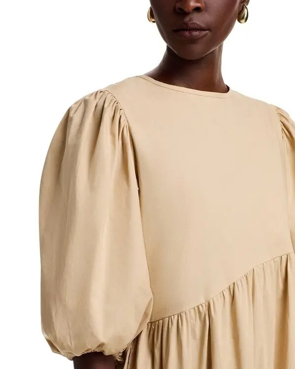 275$ THE LULO PROJECT Pleated Armenia Midi Dress 3/4 Sleeve Size S Camel Brown