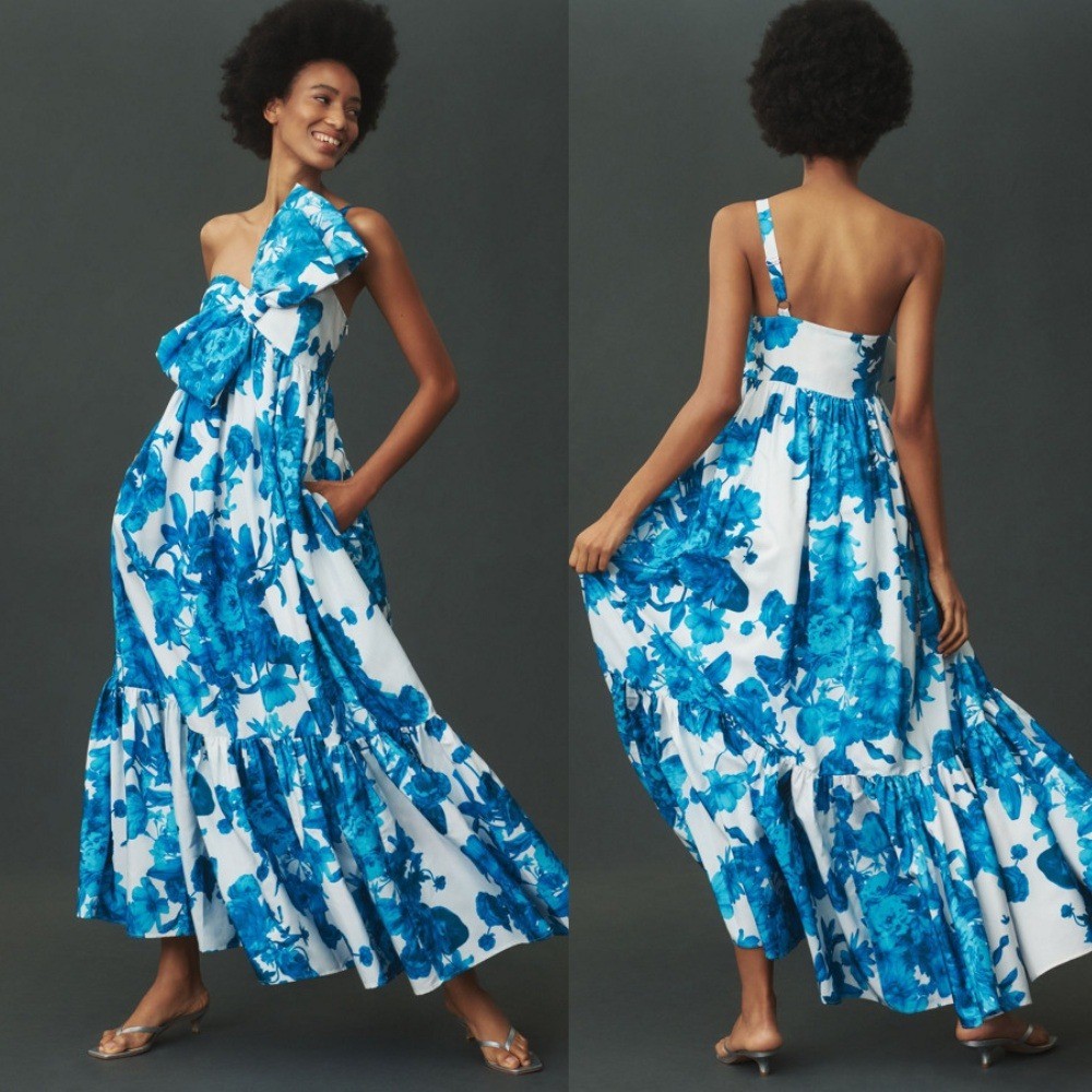NWT Anthropologie Atsu Bow Maxi Dress Blue Floral One Shoulder XS Petite XSP