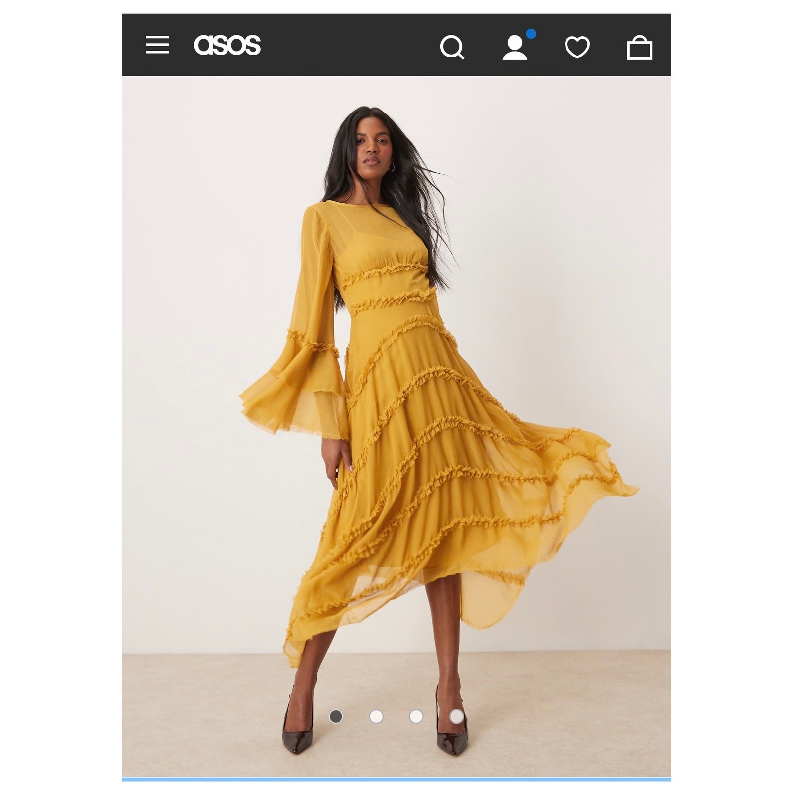 ASOS DESIGN ruffle dress with high low hem & volume ruffle sleeve in ochre