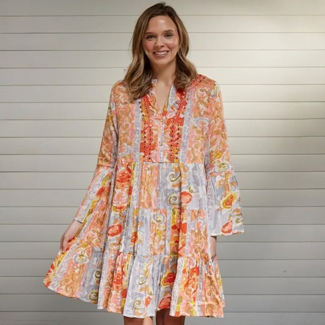 Sweet Magnolia 100% Cotton Orange Gray Yellow Floral Mirror Sun Dress Size M