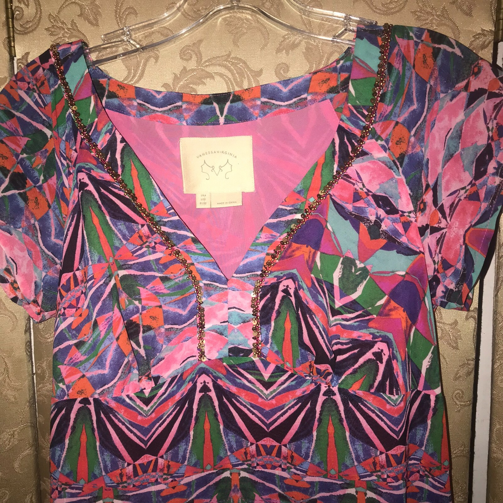 Anthropologie Vanessa Virginia Pink Multi-Color Tribal MURAL Midi Dress Size 0