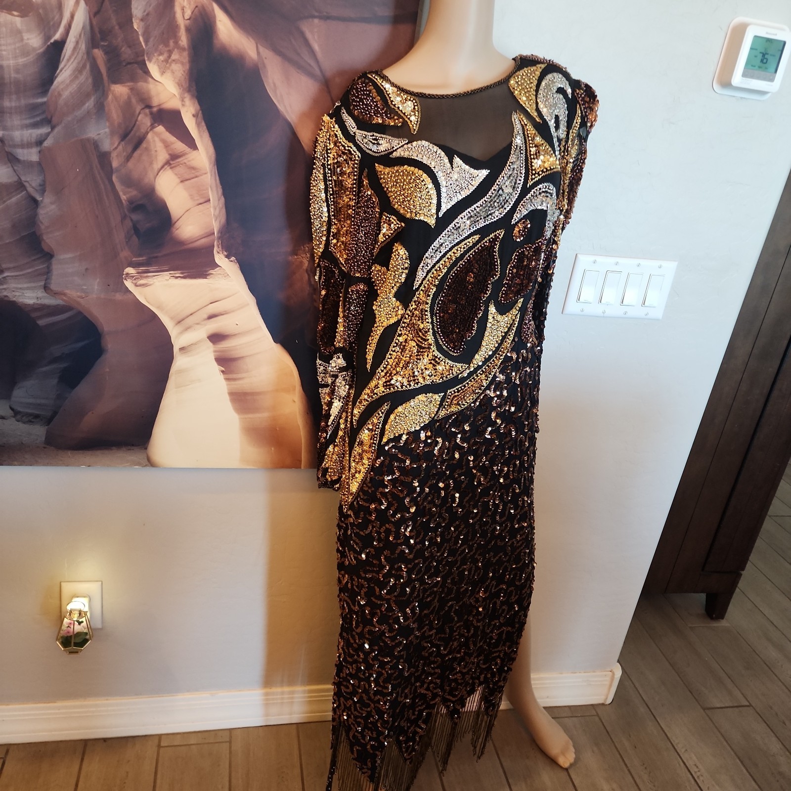 Shomax Originals Sequin Beaded Formal Silk Gown M Black Gold Long Sleeve Fringe
