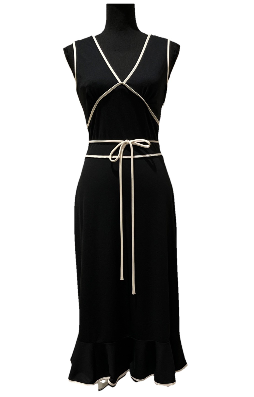 90’s Y2K Women’s Black Midi Dress Tie Belt Waist V-Neck Sleeveless White Piping