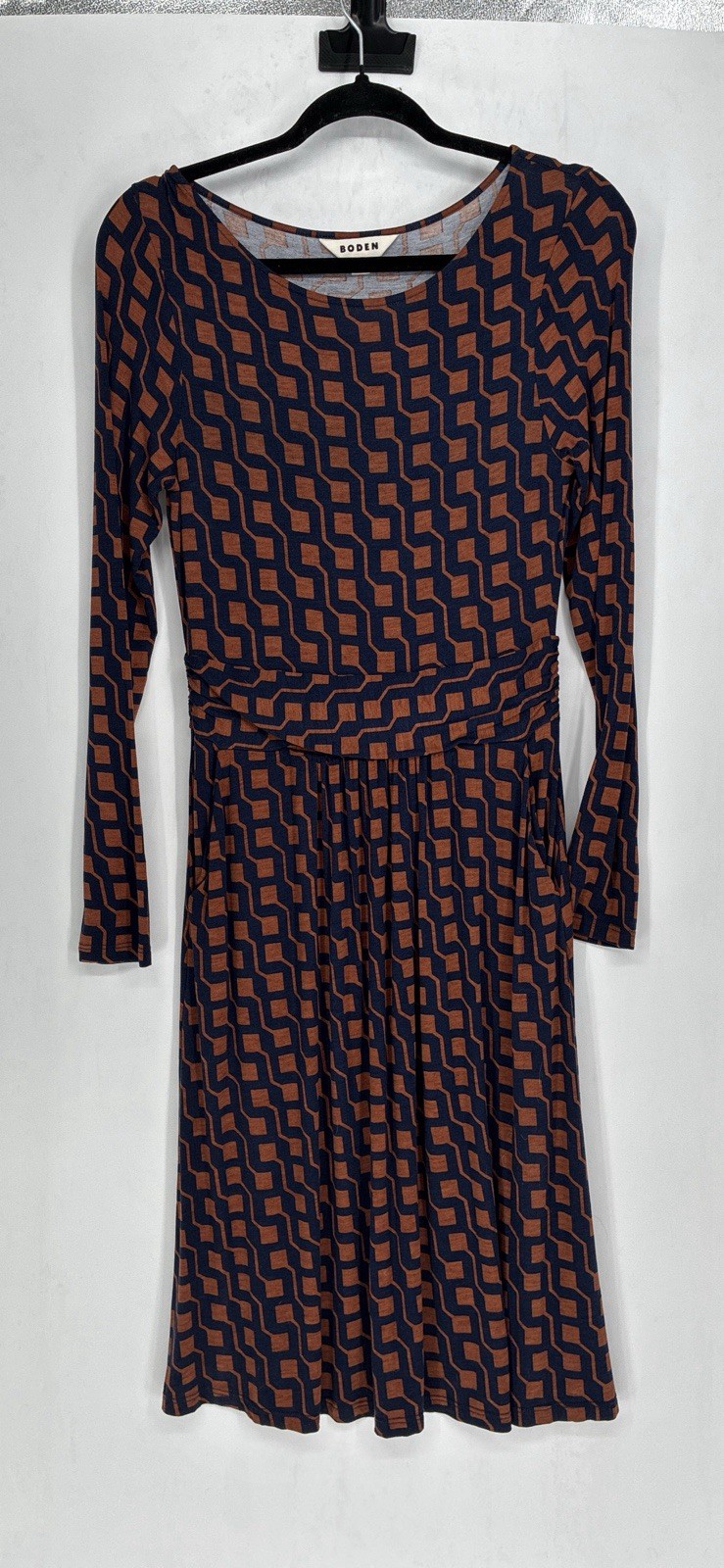 Boden US 6R Geometric Print Ruched Jersey Dress Pkts LS Fit N Flare ECOVERO
