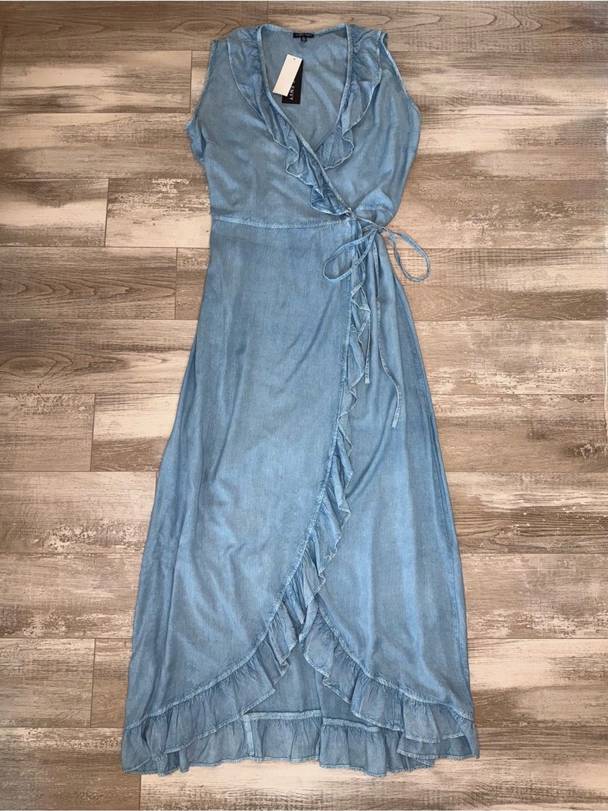 Wrap Ruffle Maxi Dress XL NWT Blue Denim Chambray Look Style Envy