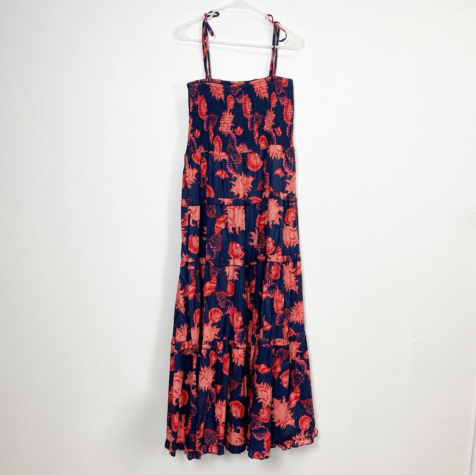Modaposa Maxi Dress Womens XL Navy Blue Coral Smocked Cotton Sleeveless