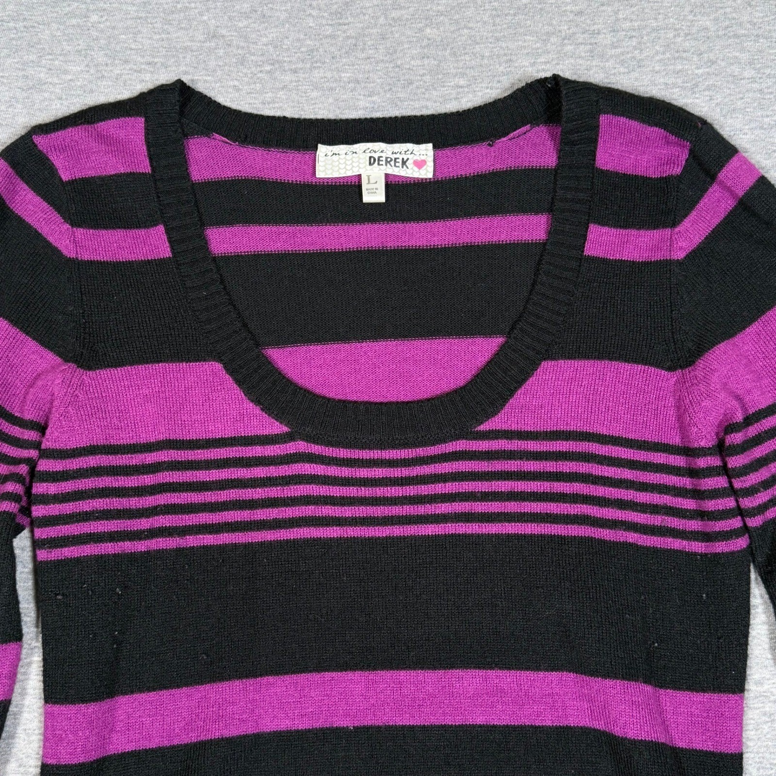 Derek Heart Im In Love Purple Black Striped Ruched Long Sleeve Sweater Dress L