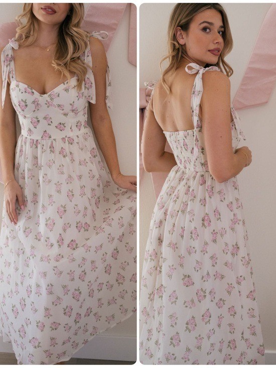 Morning Lavender Angelina Rose Floral Bustier Midi Dress Ribbon Tie Straps Sz S