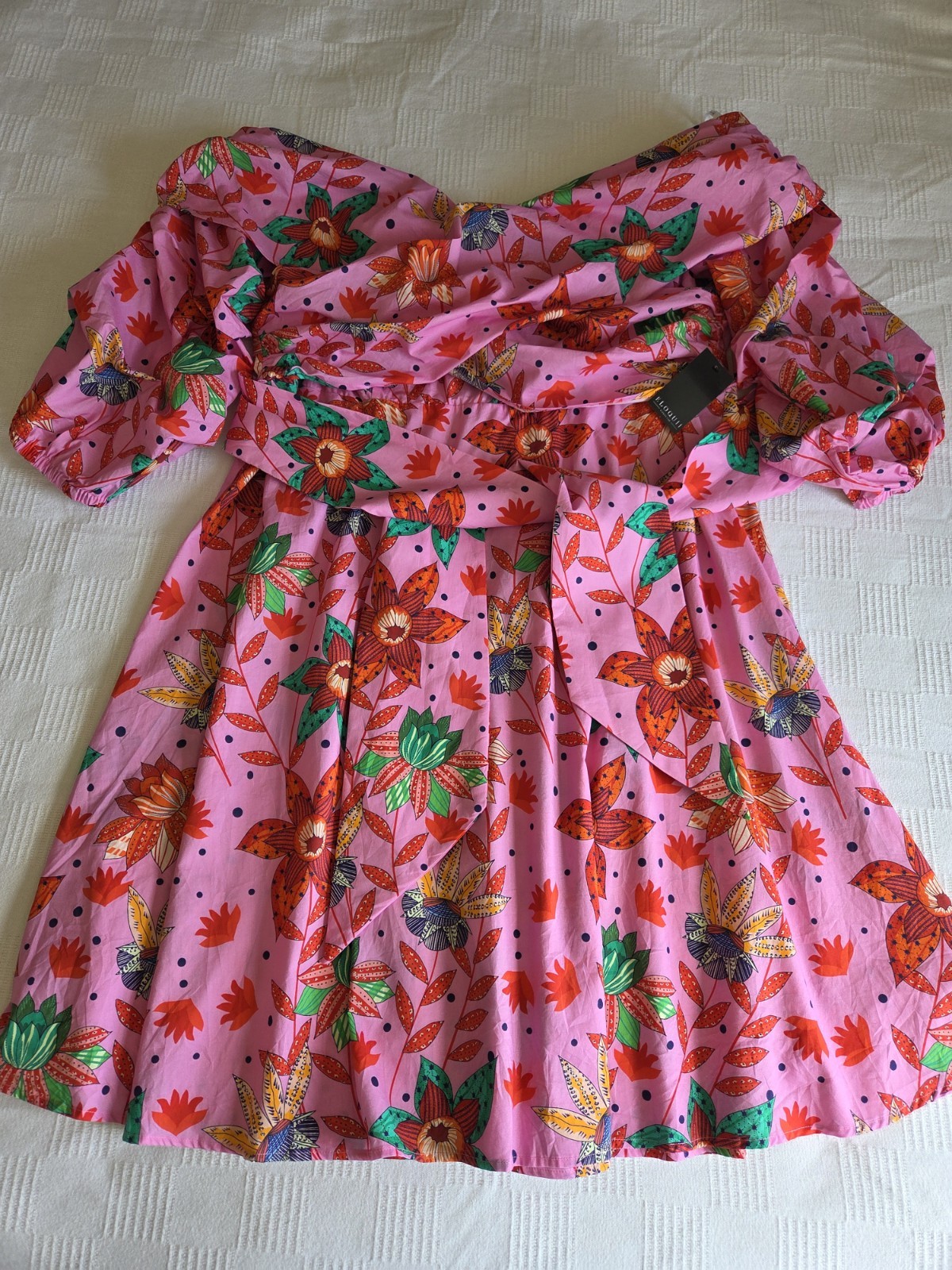 NWT Eloquii Dresses Pink Floral Off-Shoulder Tie-Waist Dress 100% Cotton Size 22
