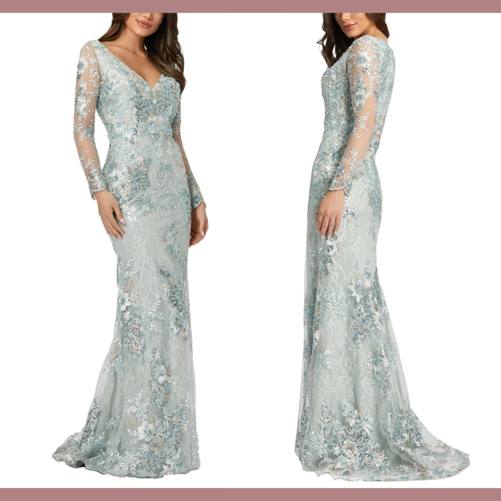 NWT Mac Duggal [ 16 ] 67539 Embellished V Neck Illusion Long Sleeve Gown S791