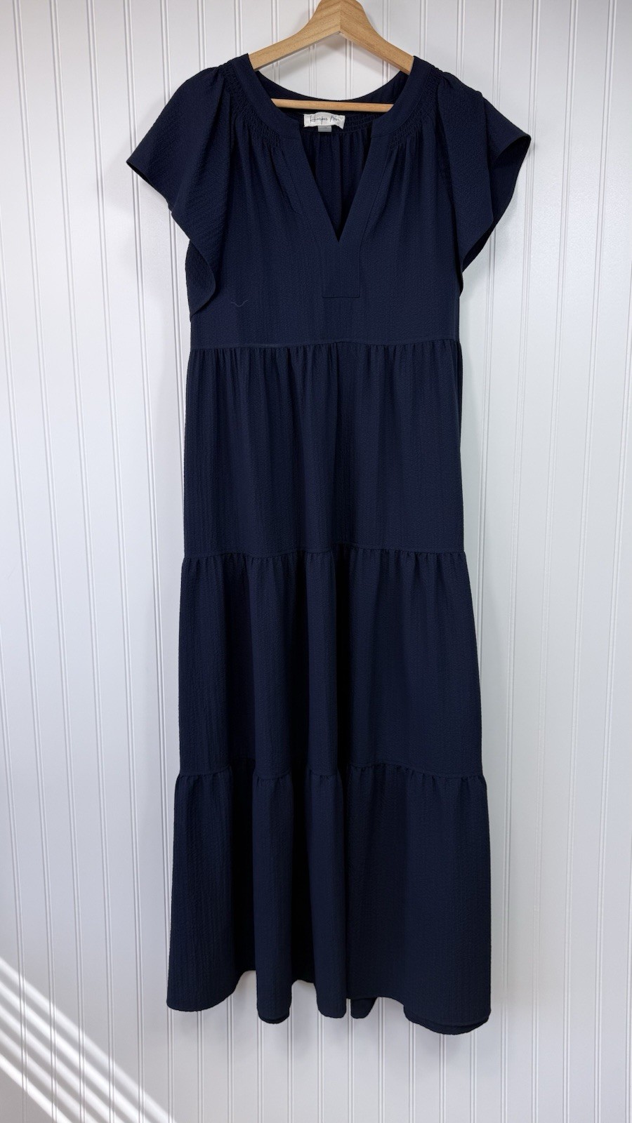 Harper Rose Dress Sz 14 Navy Blue Maxi V-Neck Tiered Skirt Pockets Tie Back NWT
