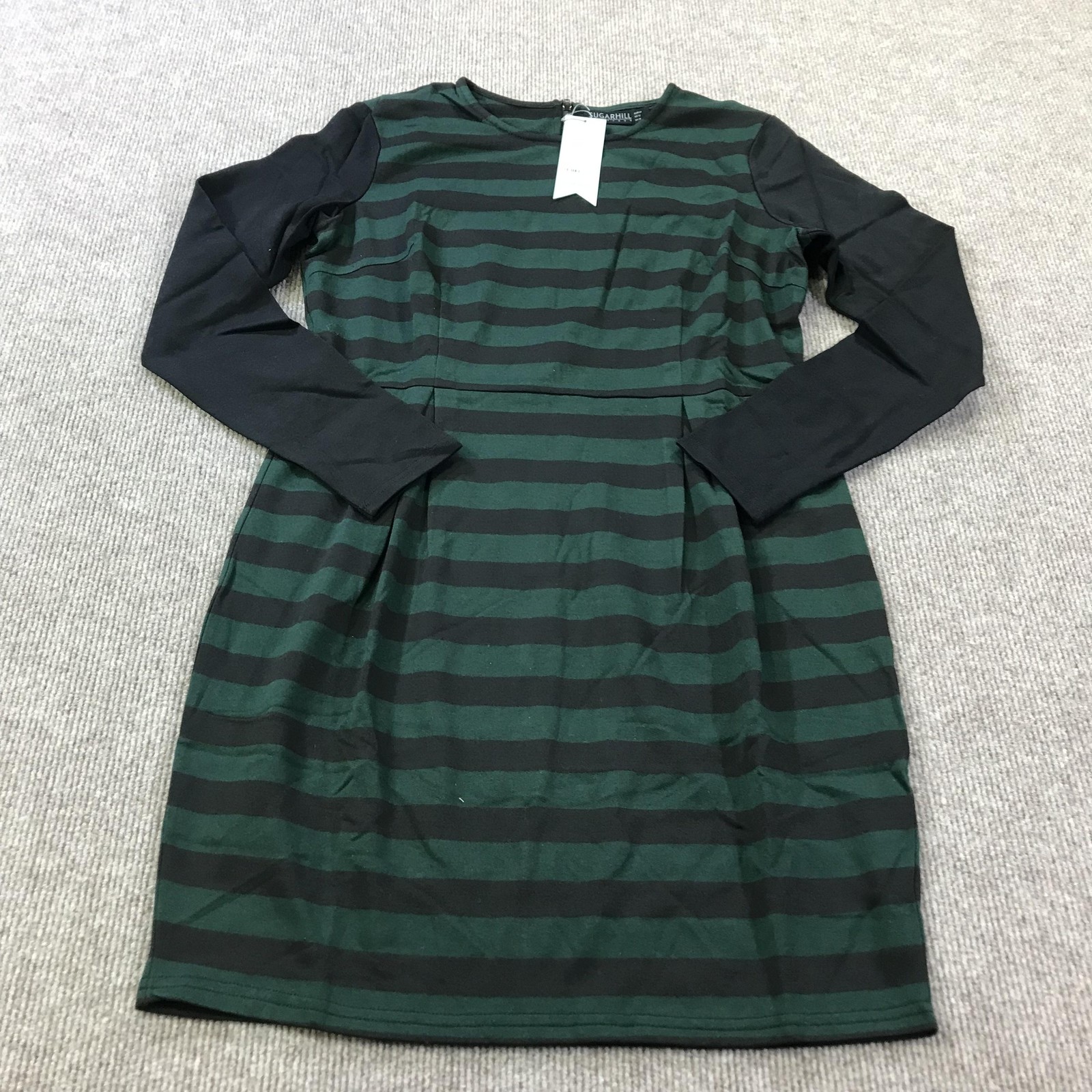 Sugarhill Boutique Dress Womens 12 Green Black Stripe Long Sleeve Zip Back