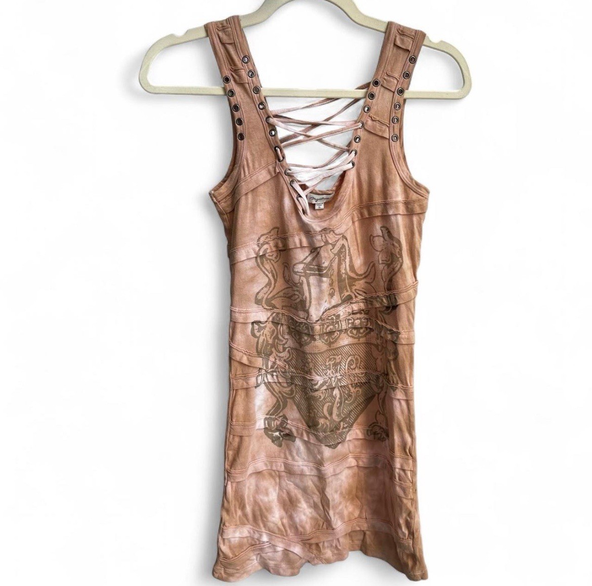 Y2K Mystree Tattoo Dress Bodycon Biker Moto Grunge Top S Grommets Tie Dye AOP