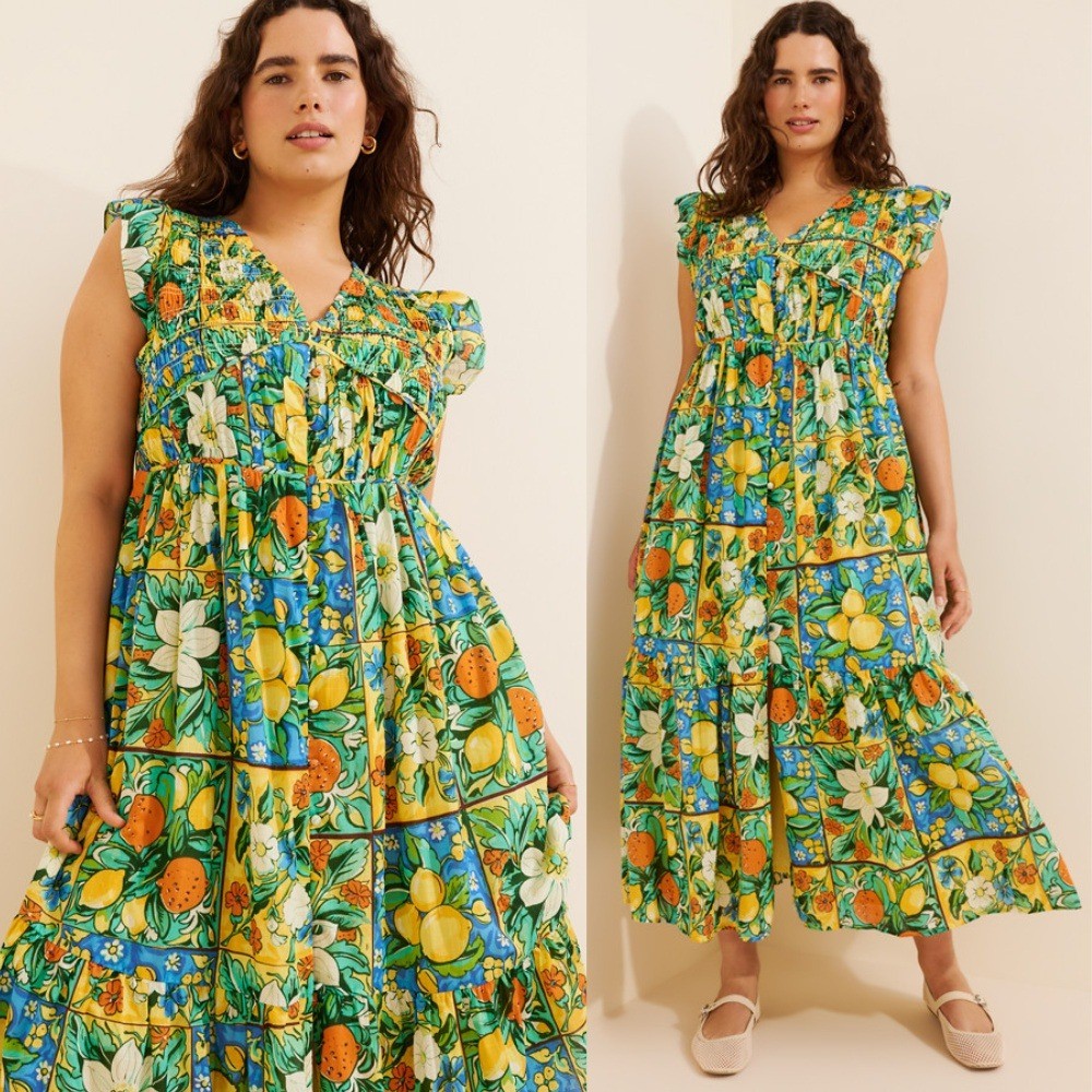 Anthropologie Peregrine Flutter Sleeve Maxi Dress Citrus Floral Holly Print 2X