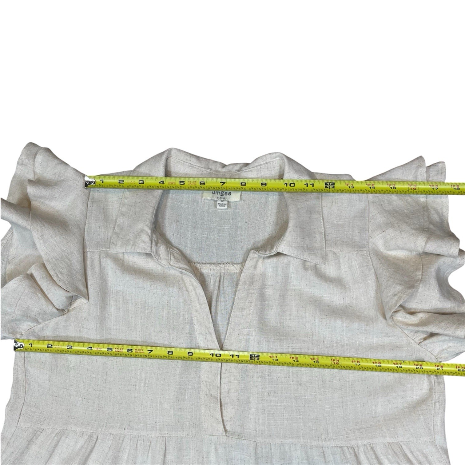 Umgee Beige Linen Blend V-neck Flutter Sleeve Tiered Midi Dress Flowy Boho, M