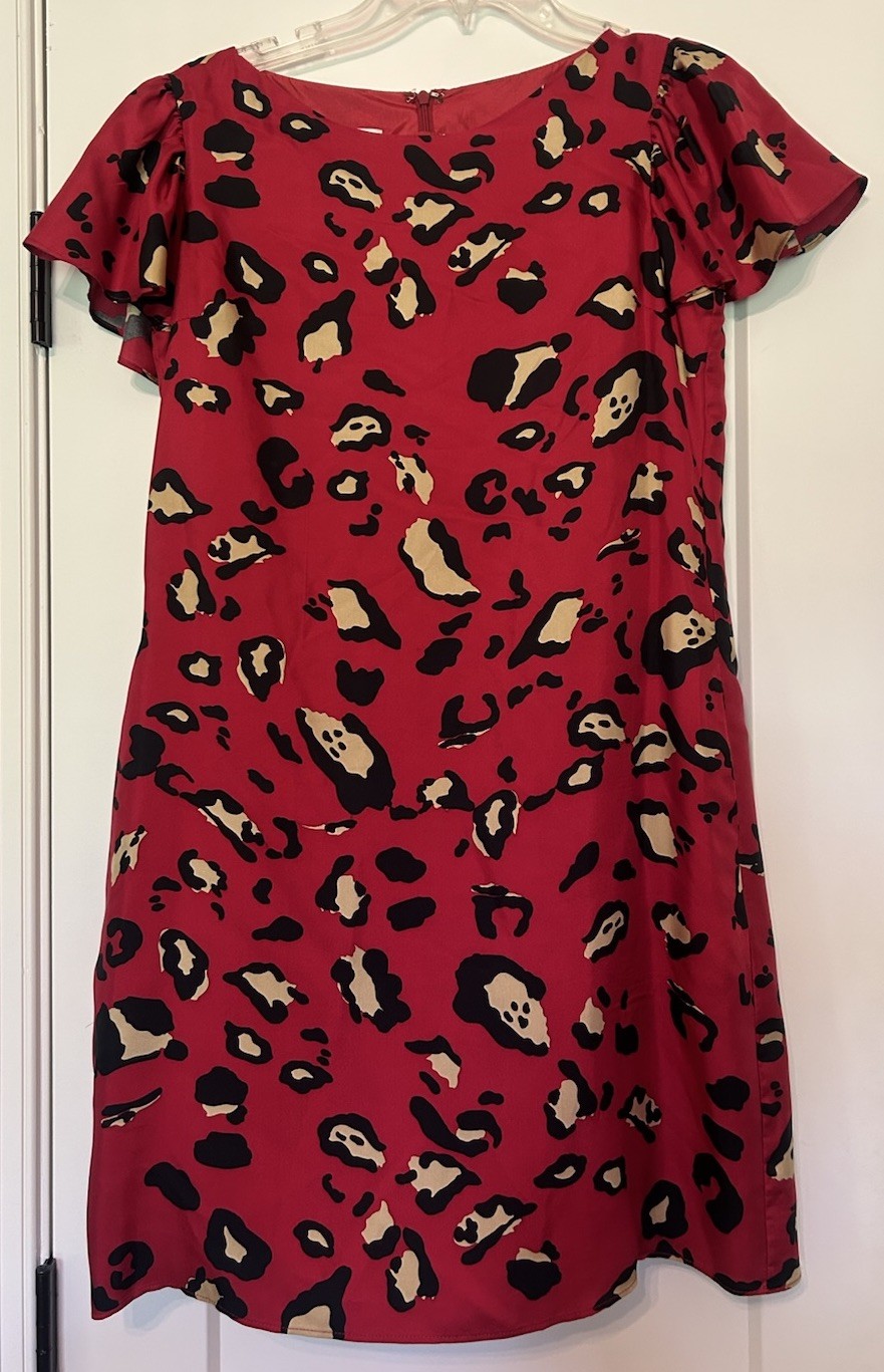 Britt Ryan Dress Red Leopard Print 100% Silk Shift Short Sleeve Lined Size 4 EUC