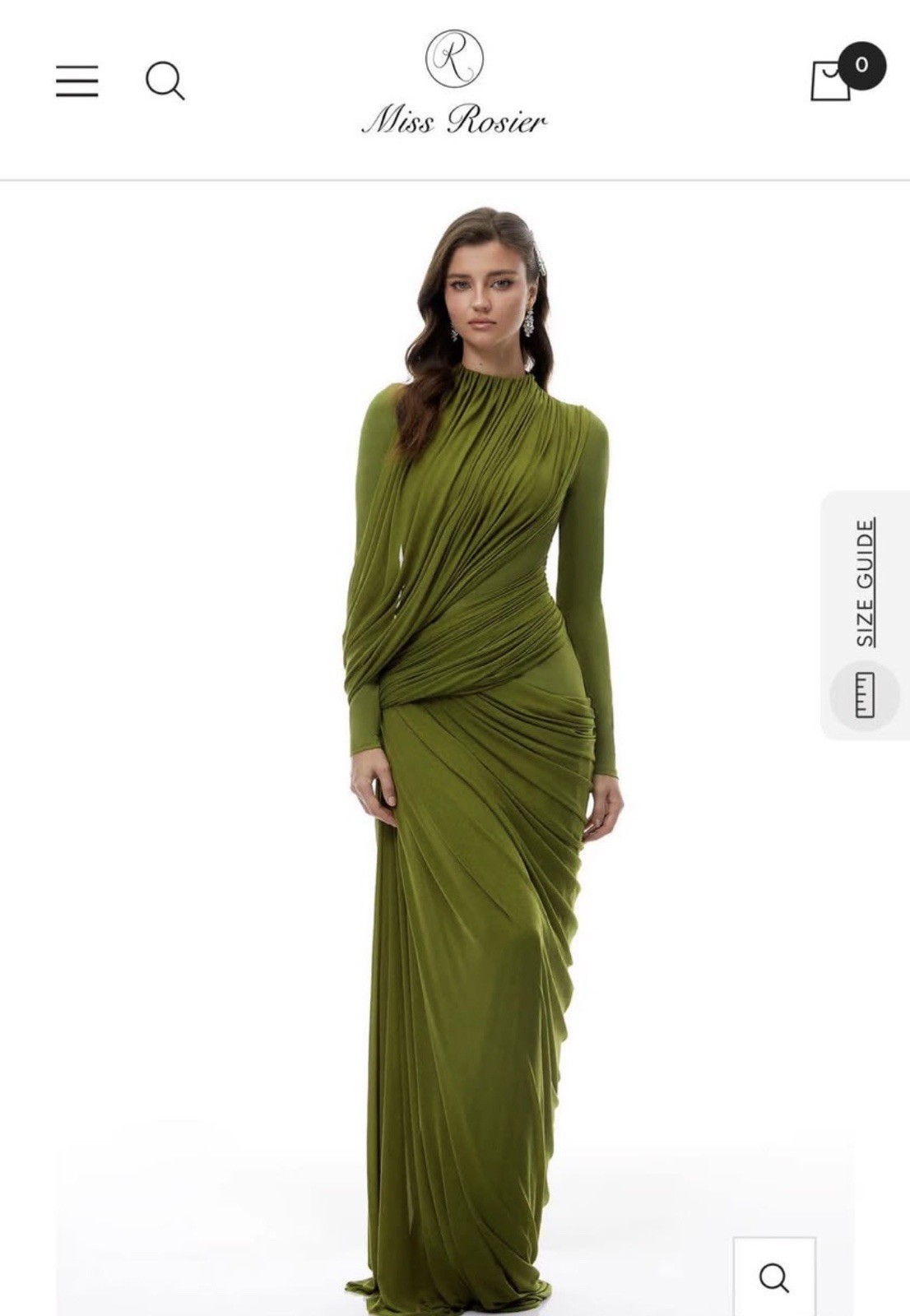 Miss Rosier Arlette Green Ruched Asymmetric Maxi Dress High Neck Long Sleeve XL
