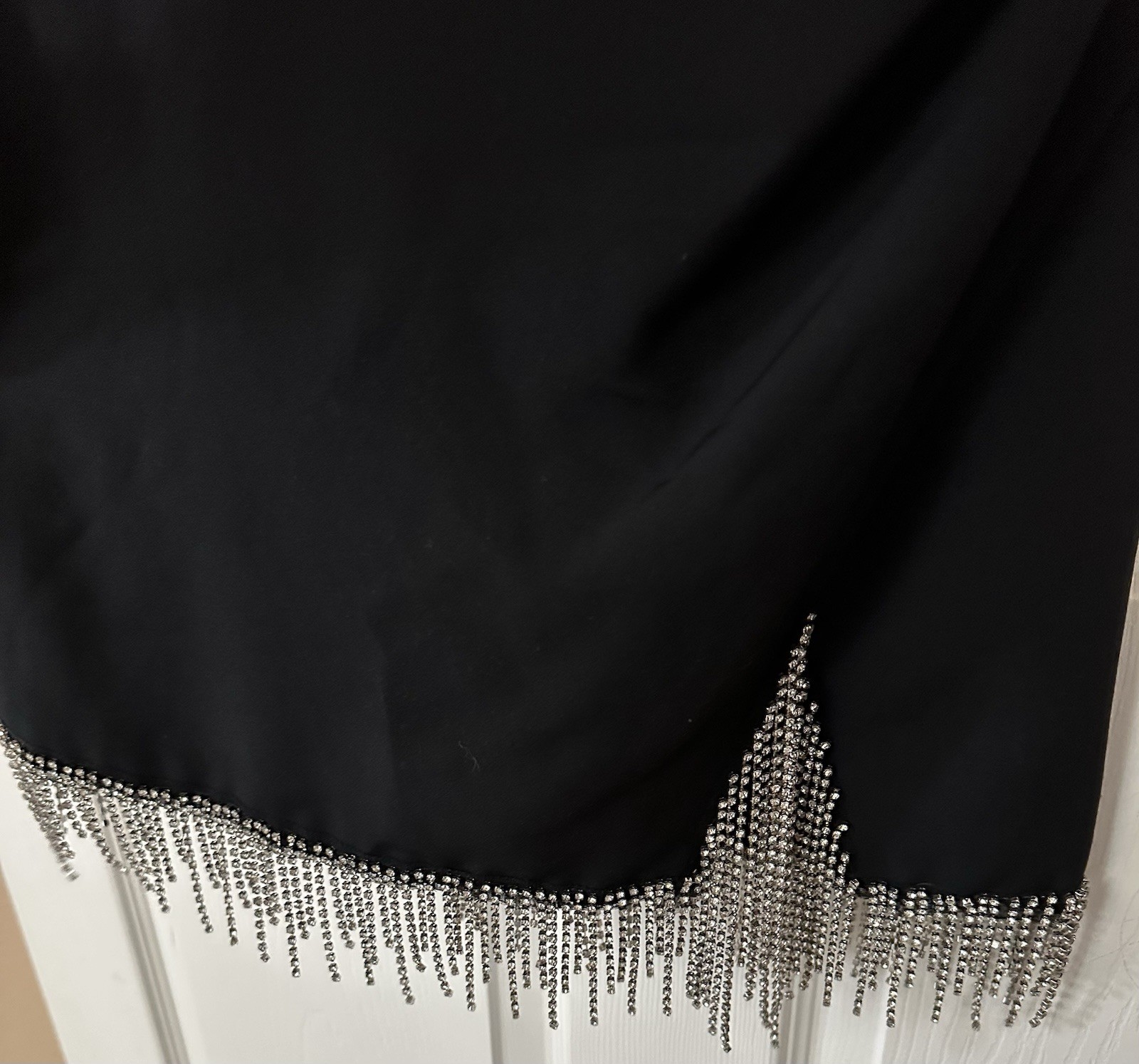 Colors Brand Black Strappy Cocktail Dress with Rhinestone Fringe Hem Size 4 NWT