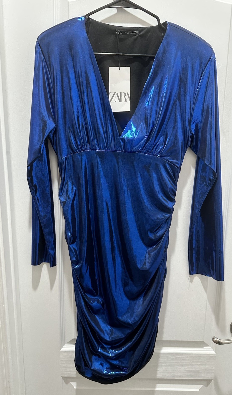 ZARA Draped Laminated Mini Dress Metallic Blue Ruched V Neck NWT Size L