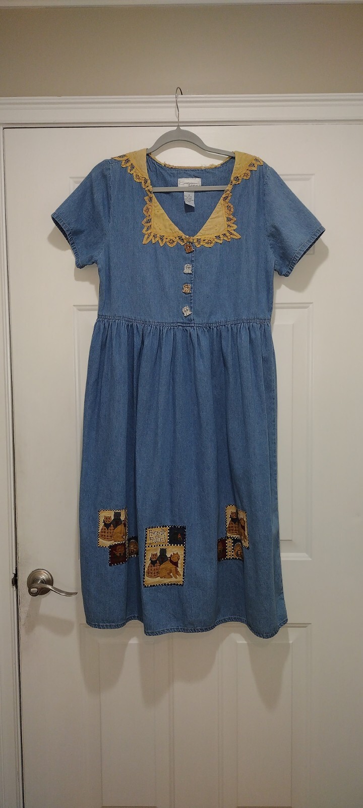 Vintage California Gold Rush Denim Midi Feline Cottage County Dress Size Medium
