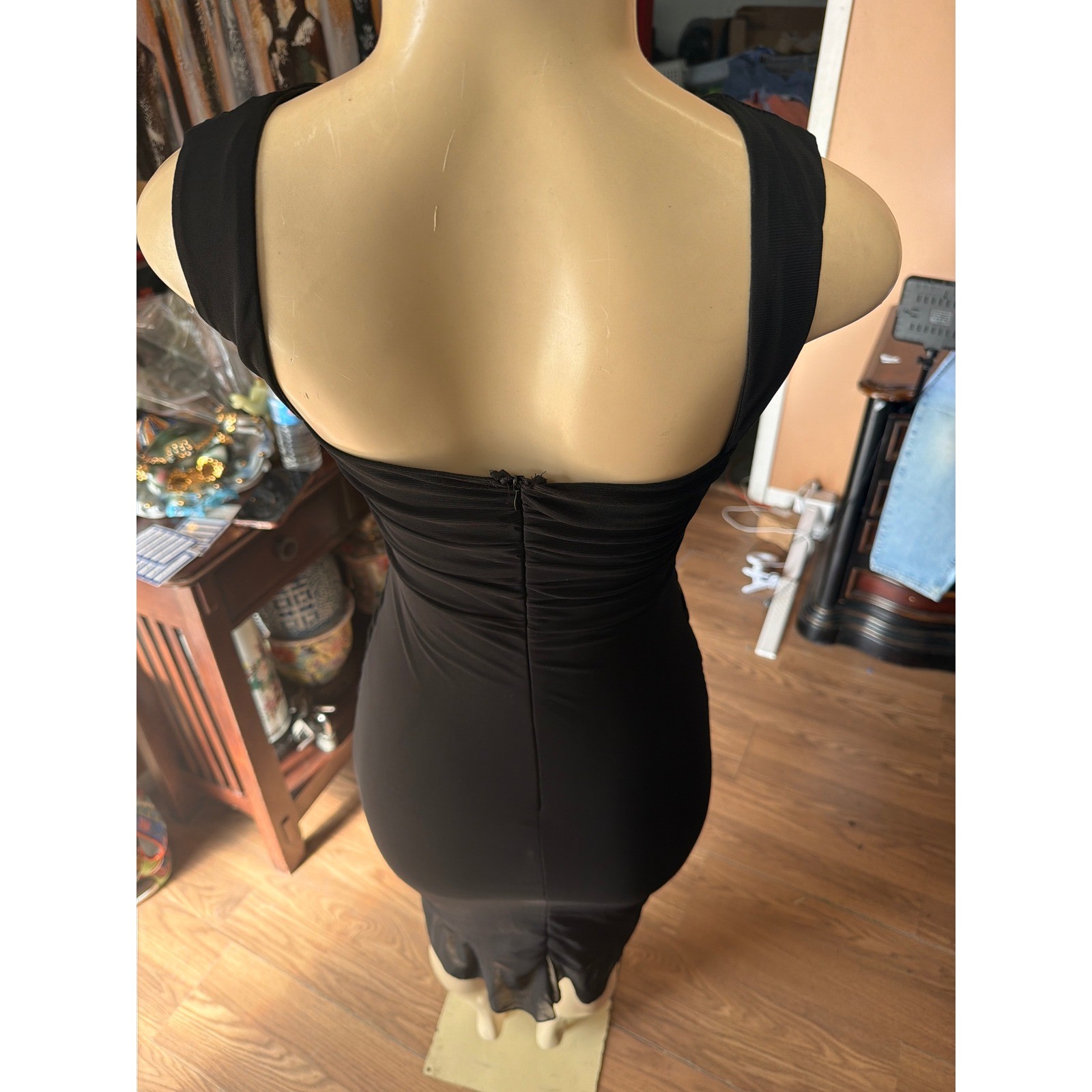 Black Sleeveless Ruched Bodycon Dress with Ruffle Mesh Hem Low Back Cocktail