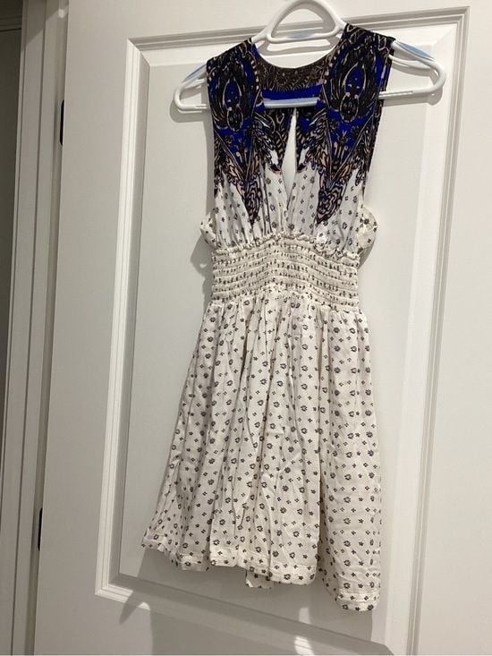 Free People White Mini Dress with Blue & Black Yoke – NWOT – Size XS