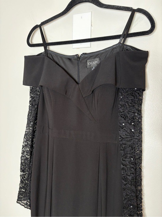 Xscape Evening Gown Off The Shoulder Sheer Lace Sleeves Front Slit Black Size 8
