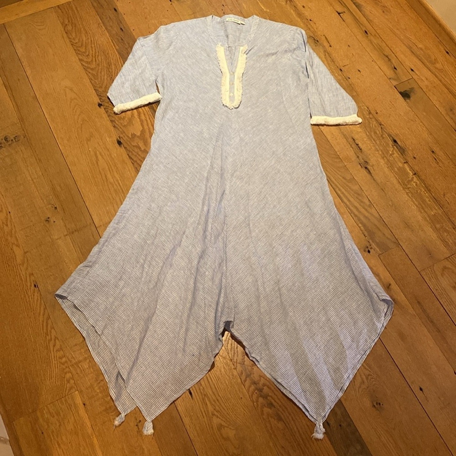 ROLLER RABBIT Blue White Jeni Stripe Asymmetrical Fringe Berenice Dress LARGE