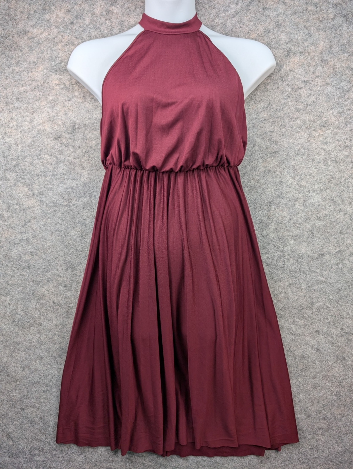 Asos Dress Womens 10 Burgundy Pleated High Neck Empire Waist Open Back Party