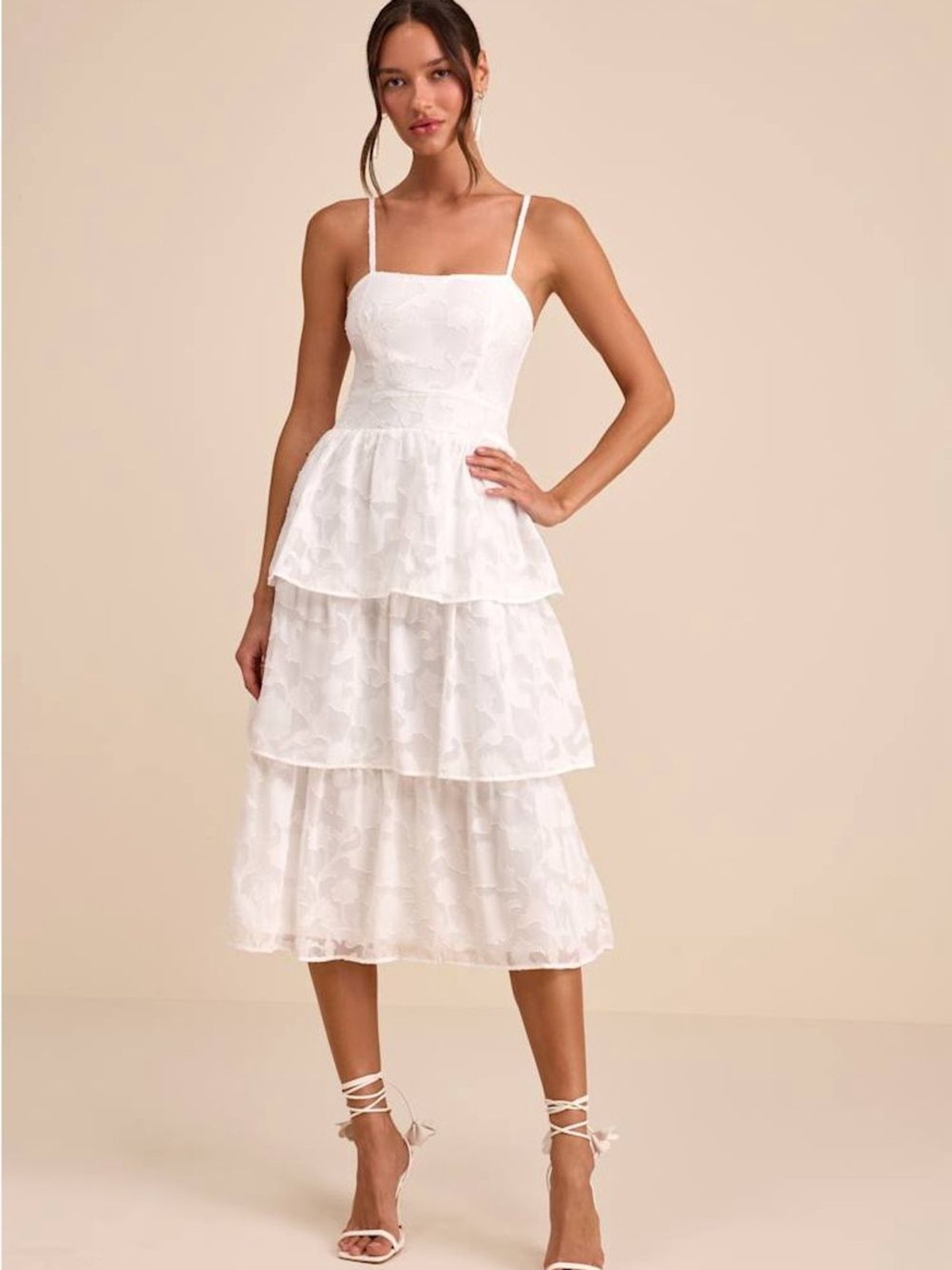 Lulus Grace and Beauty White Burnout Floral Print Tiered Dress NWT