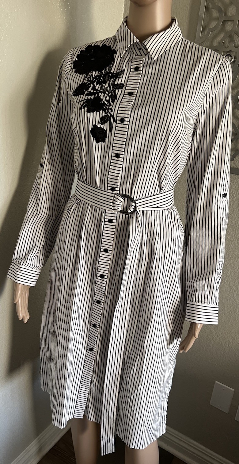 ELIE TAHARI Embroidered Nautical Striped Belted Button Down Shirt Dress sz S