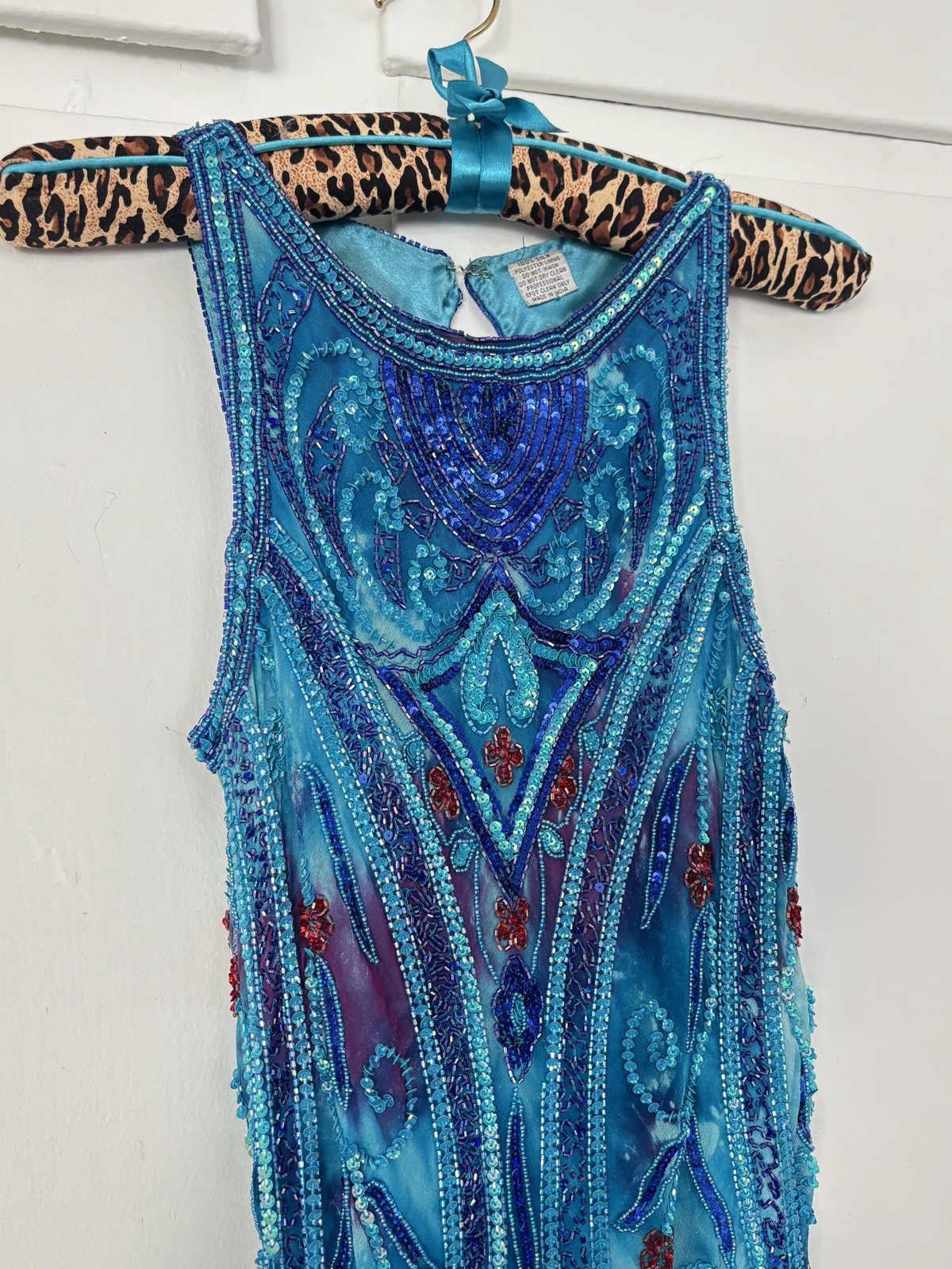 Vintage fully beaded w/ sequins blue/multi color 100% silk midi dress
