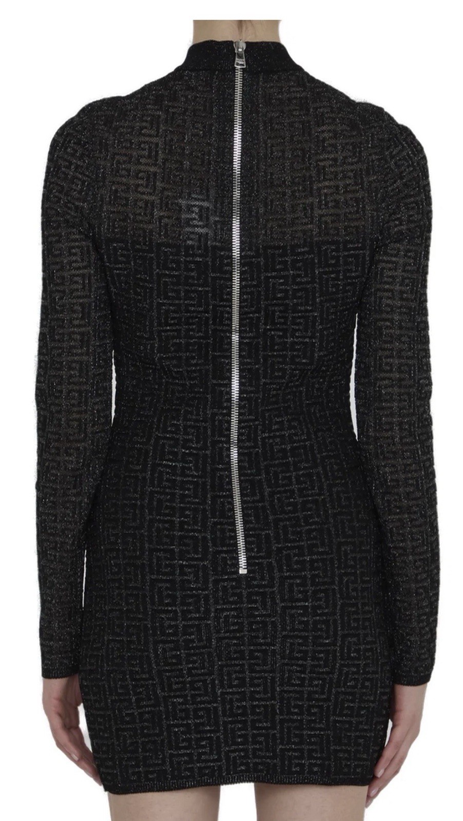 BALMAIN PARIS PB Monogram Knit Mini Dress Black Metallic Mock Neck FR 36 Small